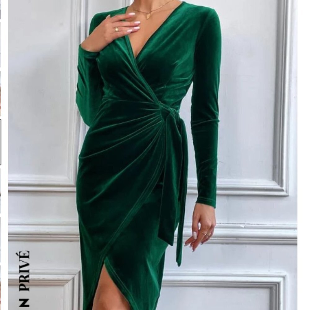 SHEIN Emerald Green Velvet Wrap Dress Long Sleeve V-Neck Holiday Party Midi L